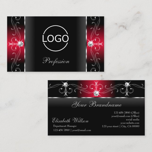 Tarjeta De Visita Majestuosas joyas de contrabando negro y rojo con  (Anverso / Reverso)