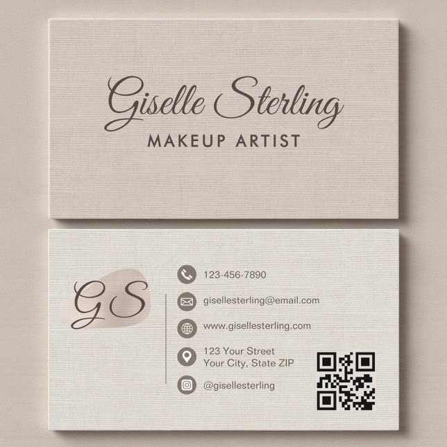 Tarjeta De Visita Makeup Artist Beige Linen Modern Elegant QR Code (Subido por el creador)