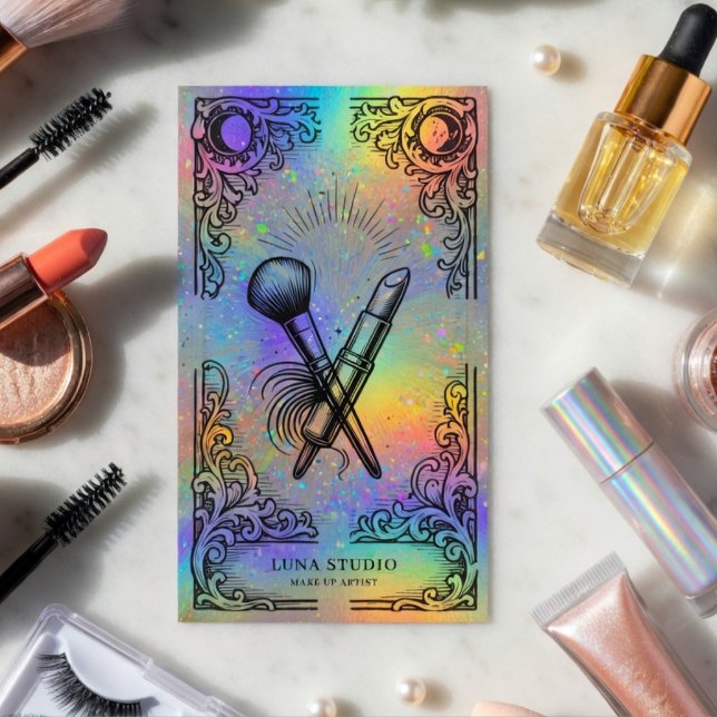 Tarjeta De Visita Makeup Artist | Holographic Beauty Celestial (Subido por el creador)