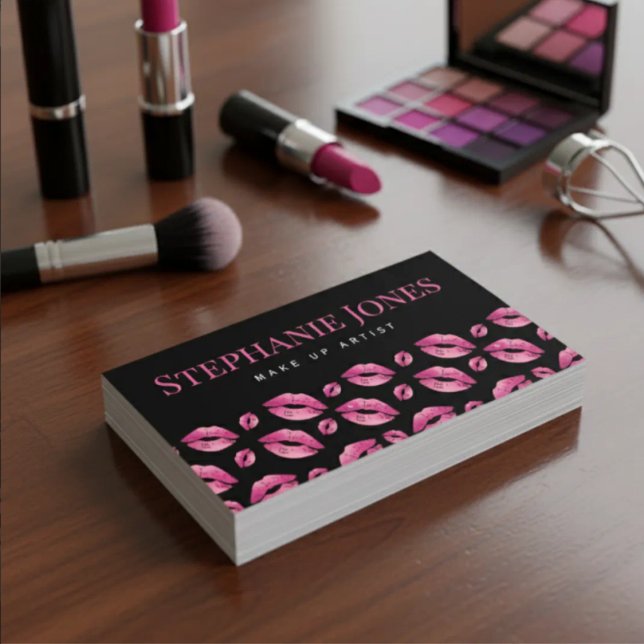 Tarjeta De Visita Makeup Artist Lips Pattern Cute Pink & Black (Subido por el creador)