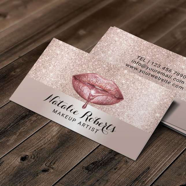 Tarjeta De Visita Makeup Artist Luxury Dripping Lips Rubor Rosa Gold (Subido por el creador)