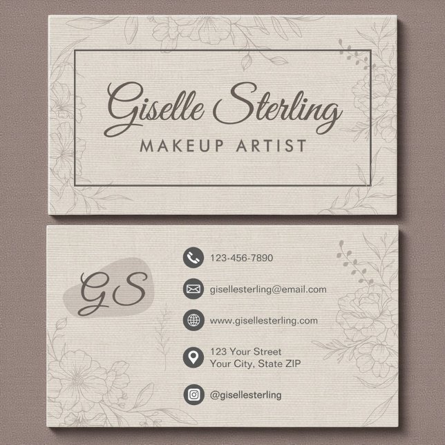 Tarjeta De Visita Makeup Artist Neutral Linen Floral Elegant Script (Subido por el creador)