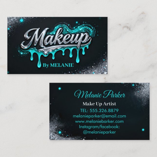 Tarjeta De Visita Makeup Artist Teal Silver Drips Trendy Glitter (Anverso / Reverso)