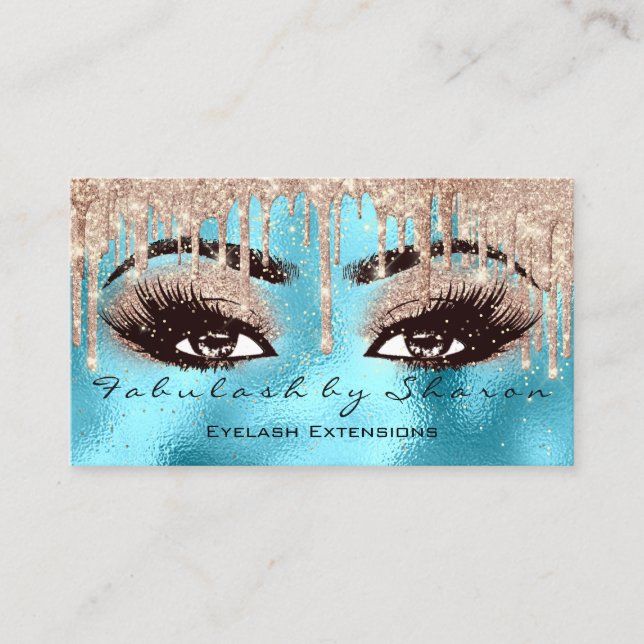 Tarjeta De Visita Makeup Eyebrow Lashes Purpurina Drip Azul Rosa VIP (Anverso)