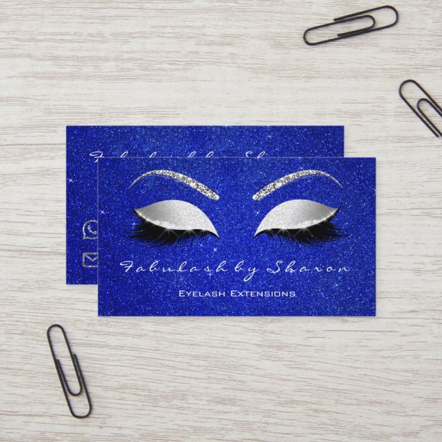 Tarjeta De Visita Makeup Eyebrow Lashes Purpurina gris plateado azul (Anverso/Reverso In Situ)