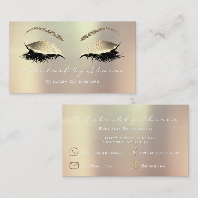 Tarjeta De Visita Makeup Eyebrow Lashes Purpurina Rosa Blanca Lux (Anverso / Reverso)