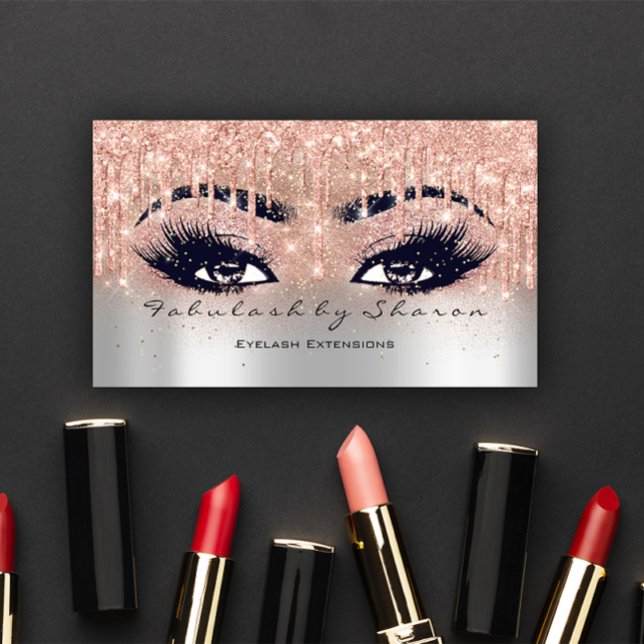 Tarjeta De Visita Makeup Eyebrow Lazas Purpurinas Dris Gray Estetica (Makeup Eyebrow Lashes Glitter Drips Gray Estetican Business Card)