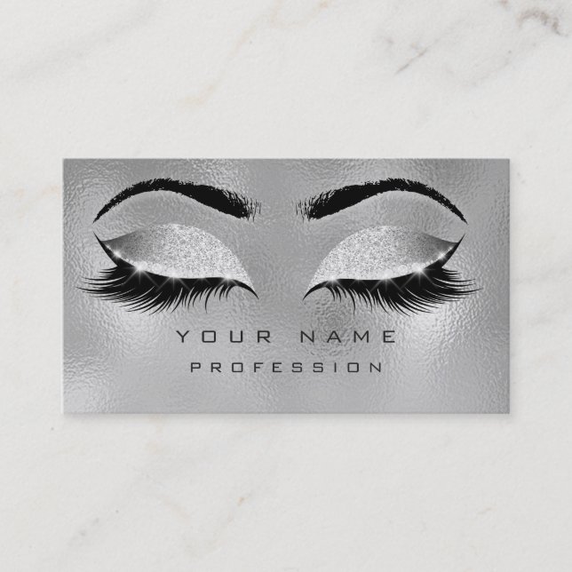 Tarjeta De Visita Makeup Eyebrows Lazas Purpurina Glam Metálico Gris (Anverso)
