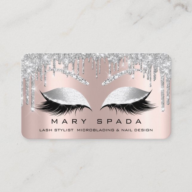 Tarjeta De Visita Makeup Eyebrows Lazas Rosa Plata Chispa Social (Anverso)