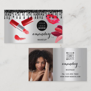 Tarjeta De Visita Makeup Hair Red Lipstick Plata Foto QRCode Shop
