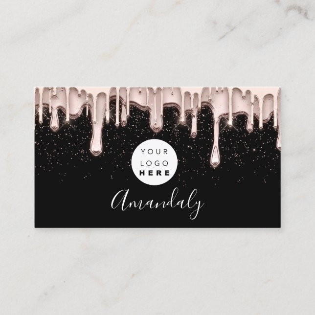 Tarjeta De Visita Makeup Nails Hair Wax Studio Logo Drips Rosa negro (Anverso)