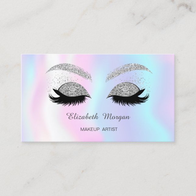 Tarjeta De Visita Makeup Silver Purpurina Faux Lashes Holográfico (Anverso)