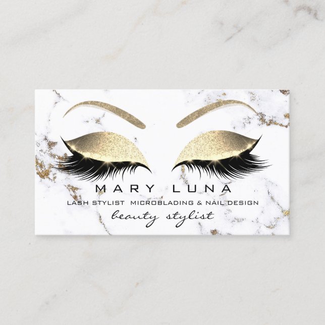 Tarjeta De Visita Makup Eyebrows Lash Gold Marble White Purpurina (Anverso)
