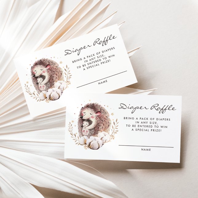 Tarjeta De Visita Mami and Baby Hedgehog Woodland Diaper Raffle (Woodland theme baby shower diaper raffle card featuring watercolor mommy and baby hedgehog.)