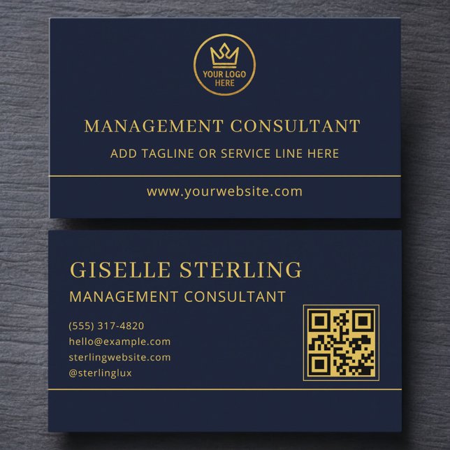 Tarjeta De Visita Management Consultant Blue Gold Logo QR Code (Subido por el creador)