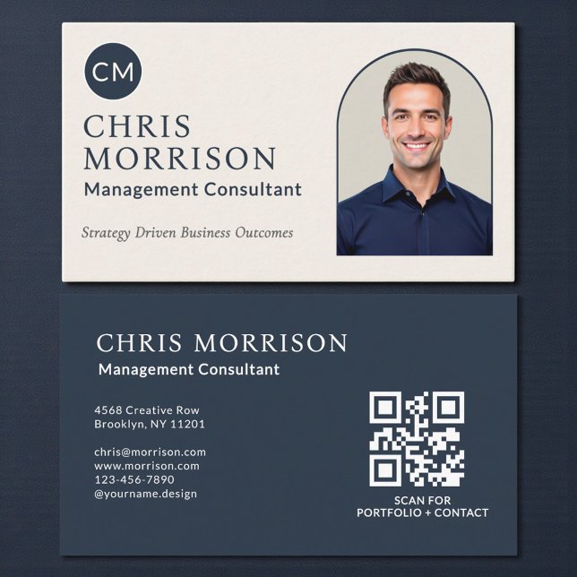 Tarjeta De Visita Management Consultant Photo QR Code Navy Blue (Subido por el creador)