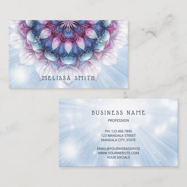 Tarjeta De Visita Mandala azul morado brillante (Anverso / Reverso)
