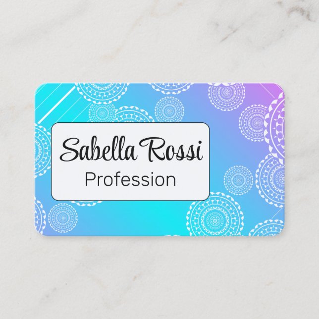 Tarjeta De Visita Mandala blanca en Aqua mezcla rosa arcoiris blanco (Anverso)