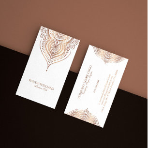 Tarjeta De Visita Mandalá de encaje rosa dorado sobre blanco