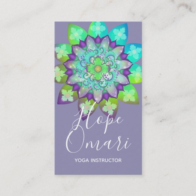 Tarjeta De Visita Mandala de flor de meditación en morado (Anverso)