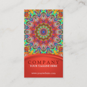 Tarjeta De Visita Mandala del pavo real del arco iris - rojo