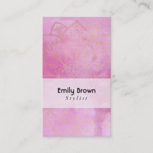 Tarjeta De Visita Mandala dorada sobre acuarela rosa profundo textur