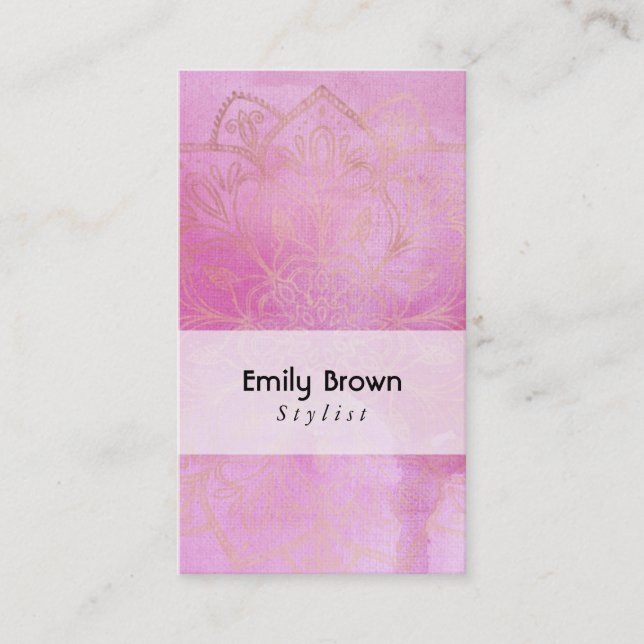 Tarjeta De Visita Mandala dorada sobre acuarela rosa profundo textur (Anverso)