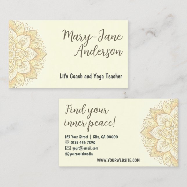 Tarjeta De Visita Mandala Floral Diseño Yoga Studio Ivory Pastel (Anverso / Reverso)