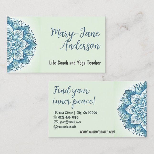 Tarjeta De Visita Mandala Floral Diseño Yoga Studio Pastel Mint Verd (Anverso / Reverso)
