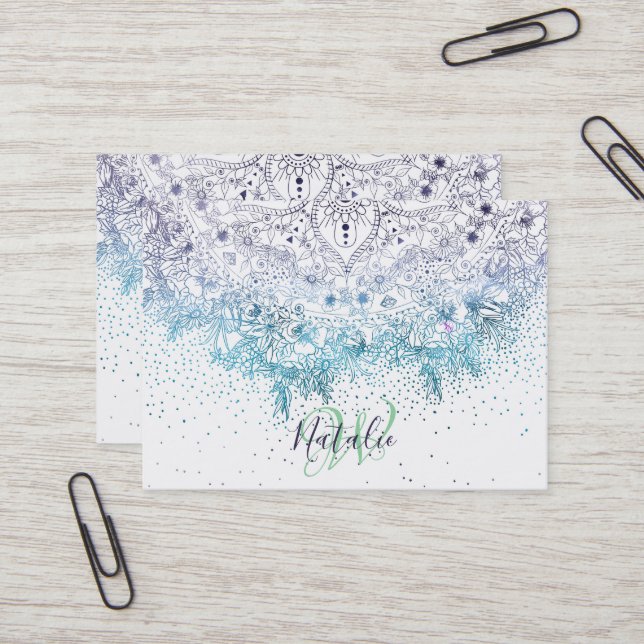 Tarjeta De Visita Mandala floral elegante e imagen de confeti (Anverso/Reverso In Situ)