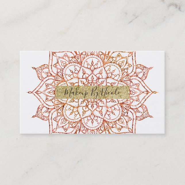 Tarjeta De Visita Mandala rosa y Naranja en Glam Blanco (Anverso)