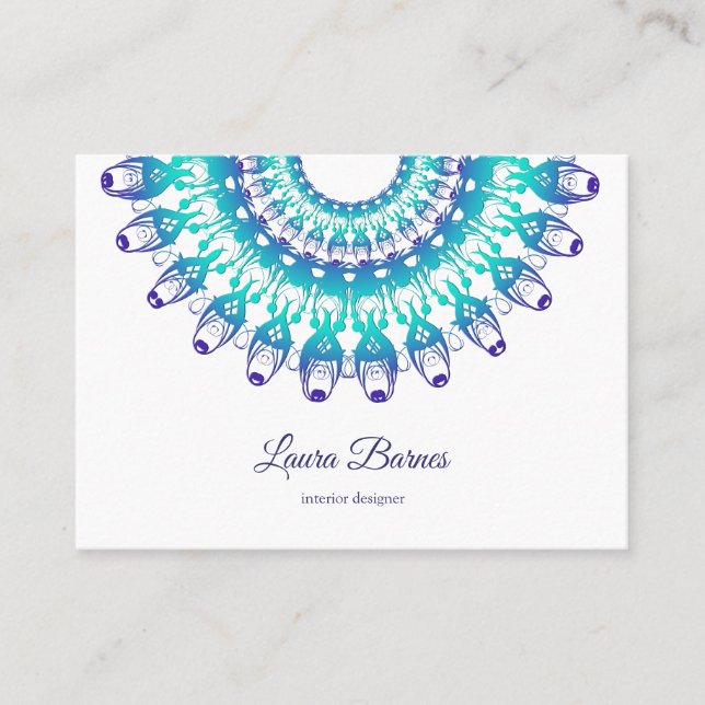 Tarjeta De Visita mandala verde azulada étnica. Texto (Anverso)