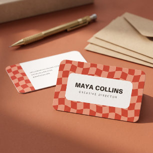 Tarjeta De Visita Mandarina Roja Ondulada a Cuadros de Moda