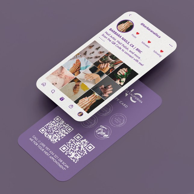 Tarjeta De Visita Manicurista Artista de las uñas Tech IG Dusty Purp (Manicurist Nail Artist Tech IG Loyalty Purple Business Card
)