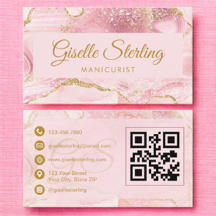 Tarjeta De Visita Manicurista Rosa Beige Oro Ágata Código QR