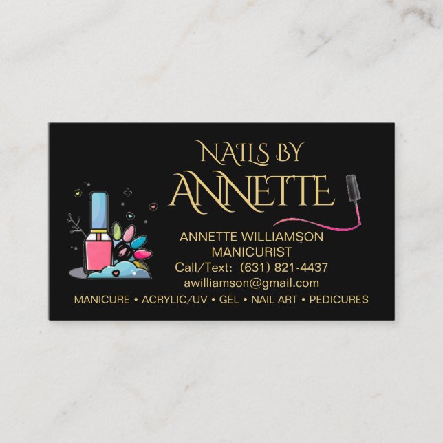Tarjeta De Visita Manicurista Técnico de Uñas Nombre de Oro Negro (Anverso)