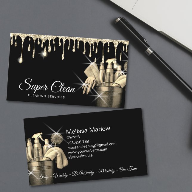 Tarjeta De Visita Mano de casa de limpieza de casas comerciales Girl (cleaning bucket full of cleaning tools, gold color on black background)