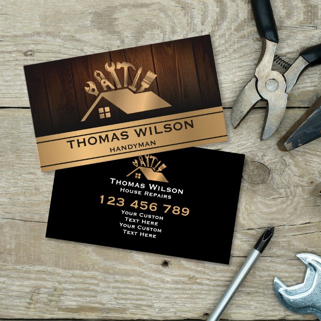 Tarjeta De Visita Mano de Construcción Profesional Carpenter Wood (gold roof with carpenter handyman tools on the wood background)