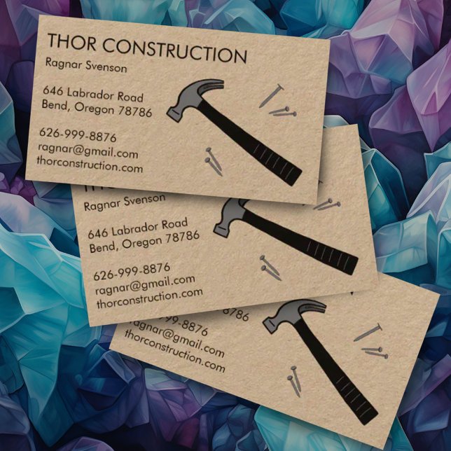 Tarjeta De Visita Mano de construcción Remodel Hammer y Nails Kraft (Custom business cards with hammer and nails - perfect for construction work and handyman)