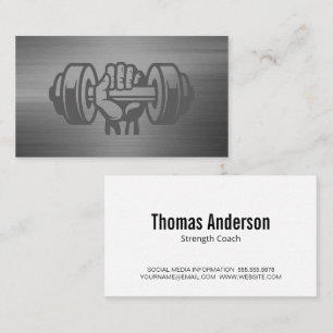 Tarjeta De Visita Mano Holding Dumbbell   Fondo metálico