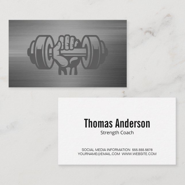 Tarjeta De Visita Mano Holding Dumbbell | Fondo metálico (Anverso / Reverso)