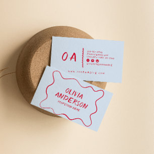 Tarjeta De Visita Mano Roja Azul Retro Escribió Borde Único Boho