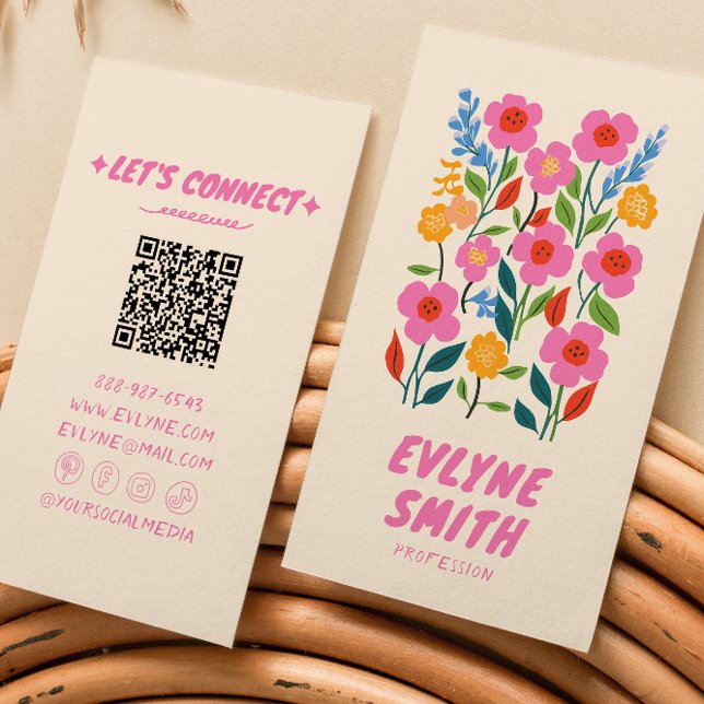 Tarjeta De Visita Mano rosa retro dibujada código QR escrito floral  (Subido por el creador)