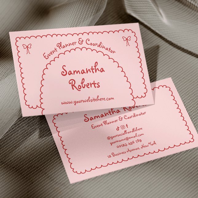 Tarjeta De Visita Mano Rosa Retro Girly Rojo Dibujó Boho capricho (girly pink and red hand drawn whimsical style business cards)