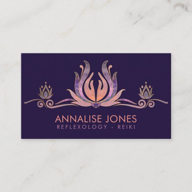 Tarjeta De Visita Manos curadoras de Reiki Lotus Fluorite (Anverso)
