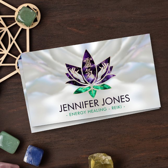Tarjeta De Visita Manos curadoras de Reiki y Lotus - Amethyst & Jade (Subido por el creador)