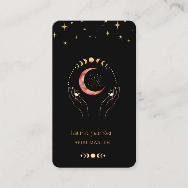 Tarjeta De Visita Manos curadoras de yoga de Reiki Fases de luna cre (Anverso)