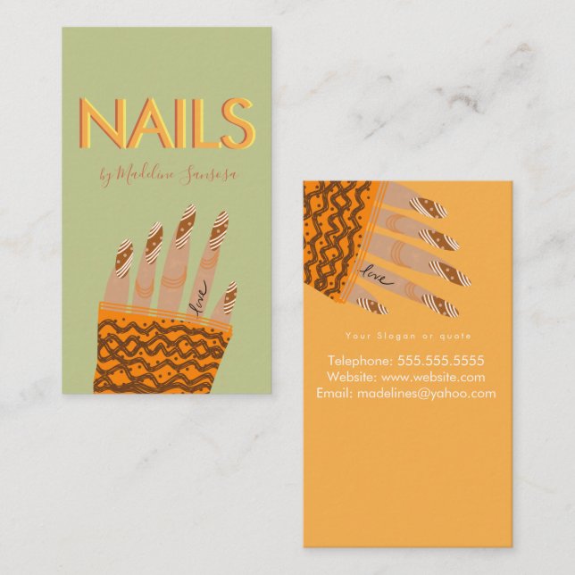 Tarjeta De Visita Manos de tres letras del Naranja Nail Tech (Anverso / Reverso)