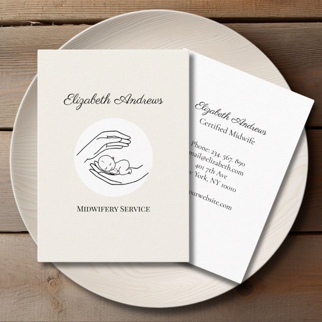 Tarjeta De Visita Manos sosteniendo un bebé - Línea de Ilustracion d (Hands holding A Baby - Line Art Illustration Beige White Business Card)