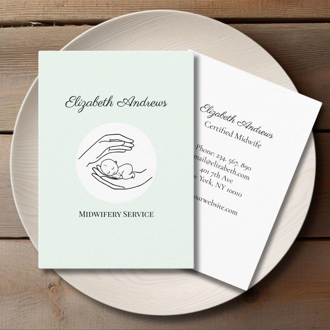 Tarjeta De Visita Manos sosteniendo un bebé - Línea de Ilustracion d (Hands holding A Baby - Line Art Illustration Green White Business Card)